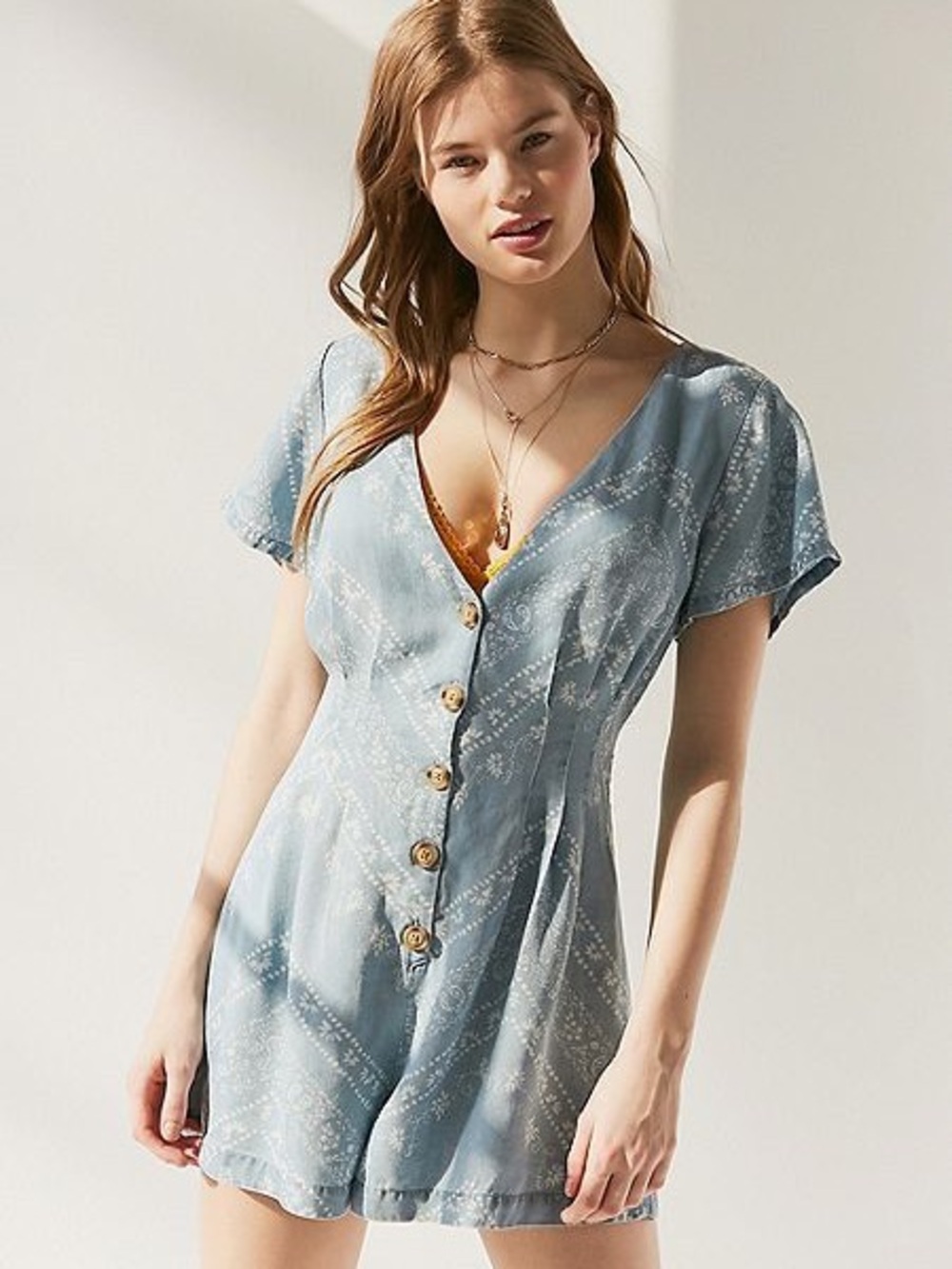 Urban Outfitters Julian Printed Chambray Pleated Romper